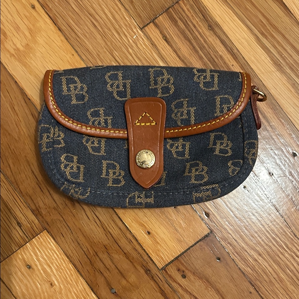 Dooney and Bourke Monogram Mini Denim Wristlet with Tan Leather Trim